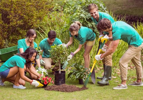 Happy friends gardening for the community on a sunny day